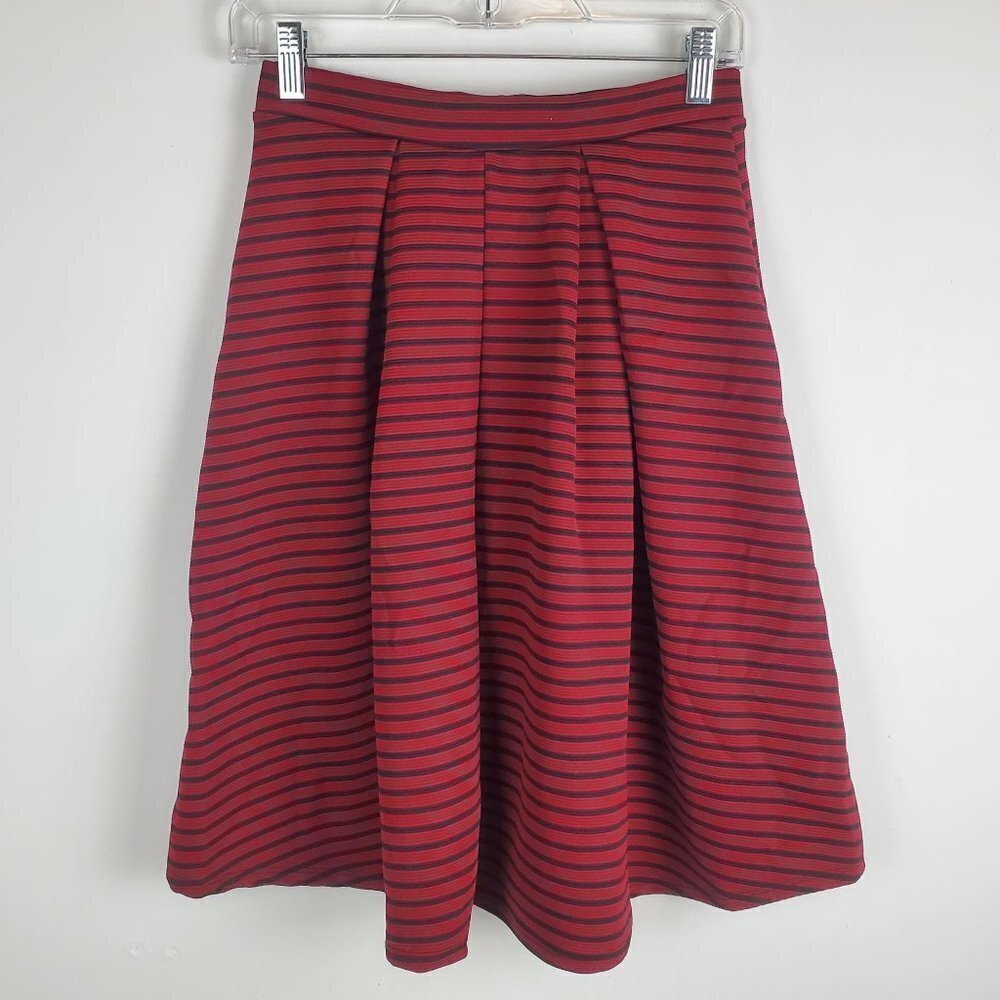 WET Seal Small Ribbed Pleated Midi Skirt Pull on Red Black Stripes